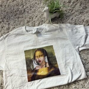 White and yellow graphic Mona Lisa funny street style t shirt tee. Size …